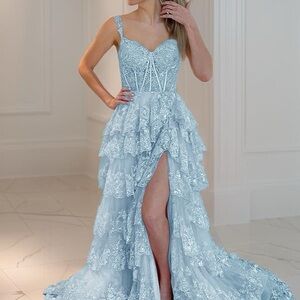 Elegant Blue Lace Evening Gown/Prom